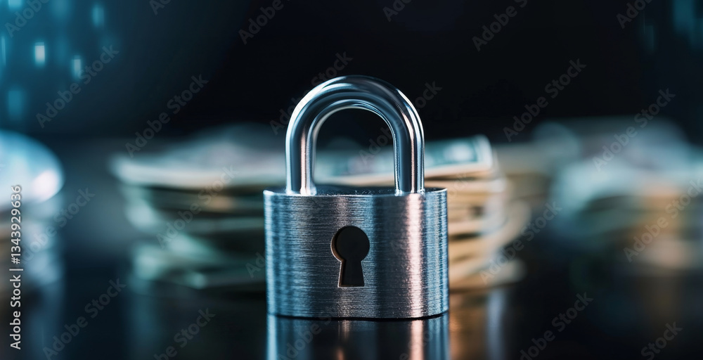 Poster a metal padlock sits prominently in front of stacks of cash, representing financial security and pri