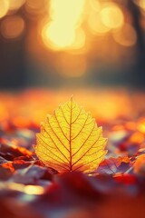 Obraz premium Autumn Leaf on Fallen Leaves in Golden Light Beautiful Nature Background with Soft Focus and Bokeh
