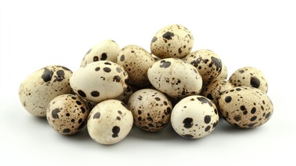 Fototapeta premium Pile of spotted quail eggs isolated on white background for healthy eating
