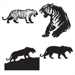 set vector various poses tiger, roaring tigers silhouettes