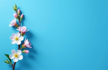 Fototapeta premium Pink flowers on blue background top view
