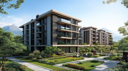 Fototapeta premium Photorealistic 3D Render of Modern Residential Building Complex Exterior View