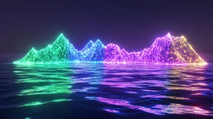 Neon Mountains Reflecting in Calm Water at Night