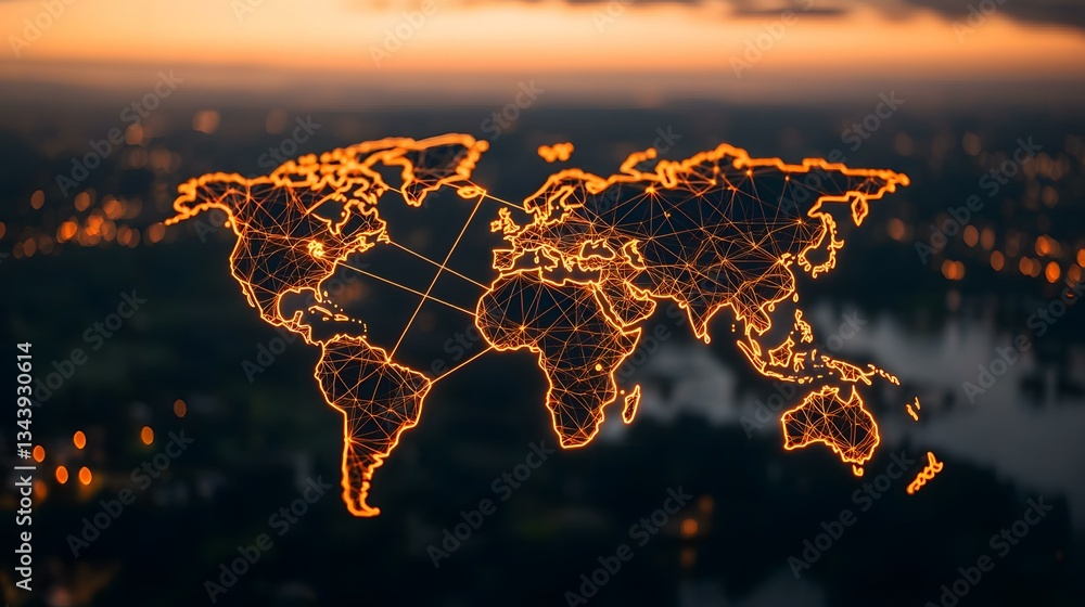 Poster an orange glowing outline of a world map with interconnected lines, set against a blurred background