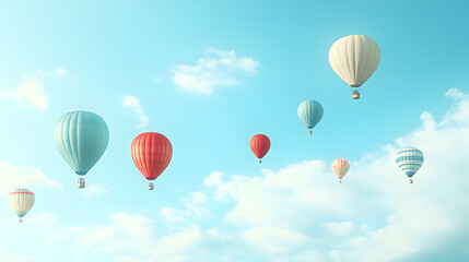 Obraz premium Colorful hot air balloons soar gracefully across a vibrant, sunny sky, creating a breathtaking and inspiring scene of freedom and adventure.