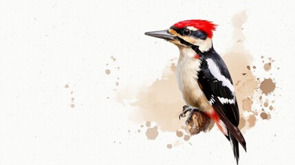 The Watercolor Woodpecker: Captivating depiction of a vibrant woodpecker perched elegantly, its distinctive markings and bright plumage showcased with the artistic charm of watercolor techniques