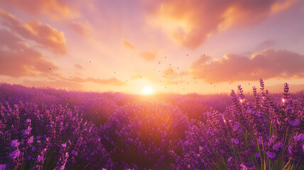 Endless Lavender Field under a Radiant Sunset Sky
