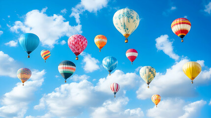 Obraz premium Colorful hot air balloons float against a vibrant blue sky dotted with fluffy white clouds, creating a breathtaking aerial view.