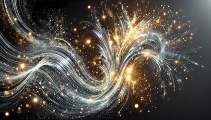 Glowing silver and gold particles burst into abstract shapes, creating a dazzling and ethereal background and wallpaper