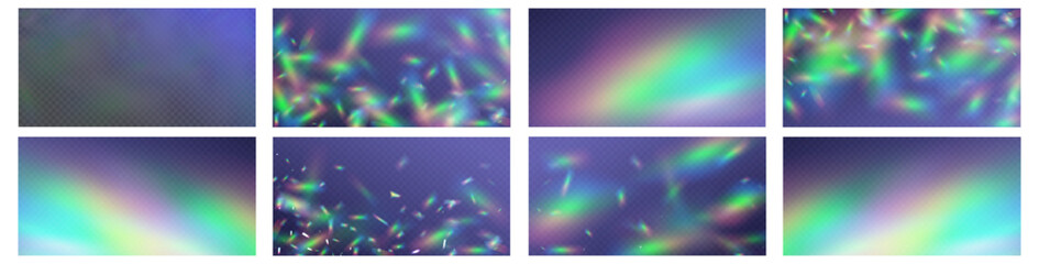 Rainbow light prism effect, transparent background. Hologram reflection, crystal flare leak shadow overlay.