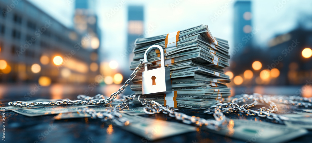 Aufkleber a stack of cash secured with a lock and chains emphasizes the importance of financial safety and pri