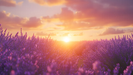 Fototapeta premium Lavender Field in Full Bloom at Sunset with Glowing Sky and Soft Light