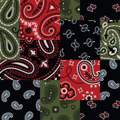 Bandana kerchief paisley fabric patchwork wallpaper abstract vector seamless pattern for scarf kerchief shirt fabric carpet rug tablecloth pillow