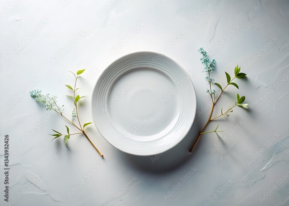 Poster elegant empty white plate on table setting - surreal overhead view