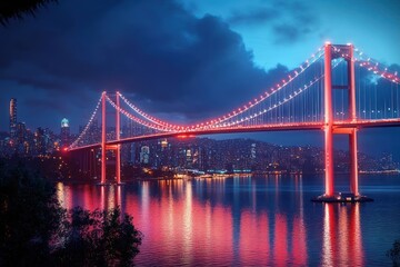 Naklejka premium Illuminated Suspension Bridge over Calm River at Night with Modern Cityscape Skyline