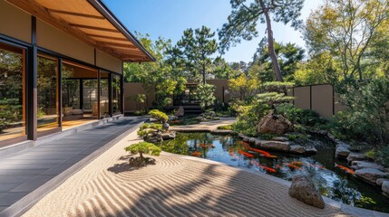Beautiful japanese garden featuring a serene koi pond and landscape