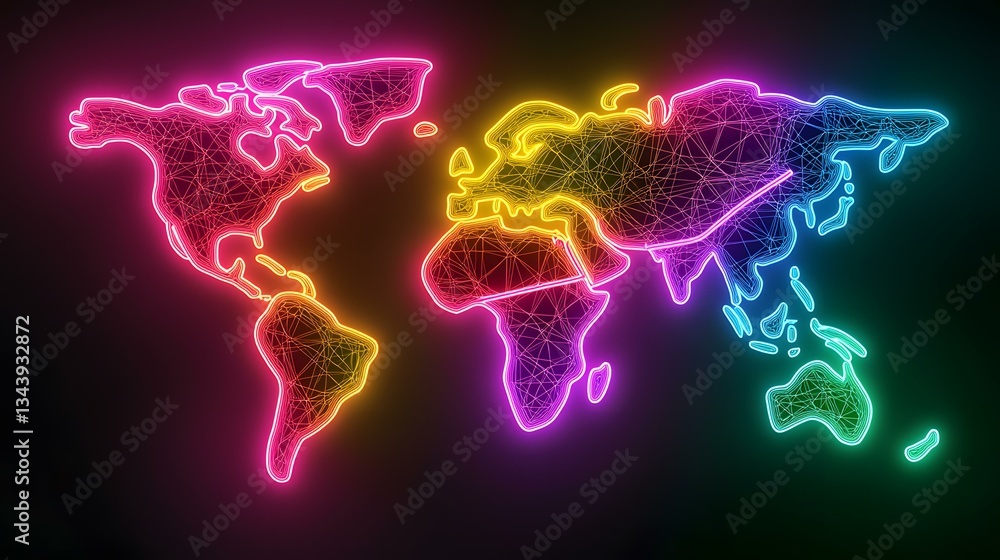 Poster a vibrant, neon-colored world map is depicted, its continents outlined in glowing lines of various h