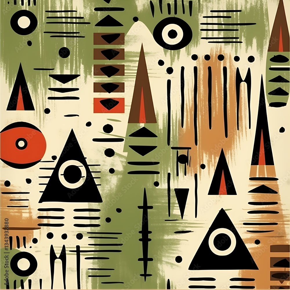 Poster abstract geometric pattern with triangles and circles in beige green brown and red