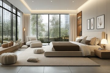 Fototapeta premium Modern Minimalist Bedroom Scandinavian Design Soft Neutral Tones Natural Light