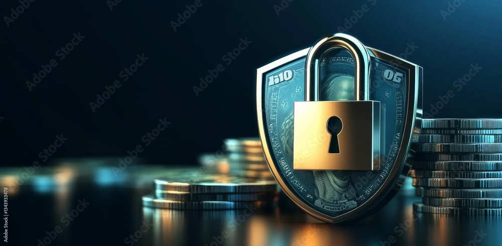 Leinwandbilder A metallic shield featuring a padlock sits prominently in front of stacks of coins and a dollar bill. This illustrates the concept of banking security and privacy in financial transactions.