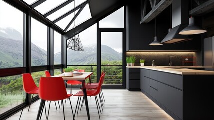 Bright accent attic loft kitchen, red chairs, black walls, hanging metal pendant lights, glass partitions, skylight mountain view
