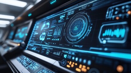 Futuristic control panel displays data in a tech lab
