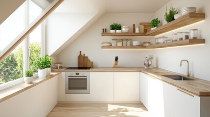 Fototapeta premium Bright rustic attic loft kitchen, creamy walls, compact matte finish kitchen, integrated lighting, wooden open shelves, panoramic garden view