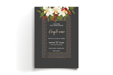 WEDDING INVITATION FRAME WITH FLOWER DECORATIONS AND FRESH LEAVES