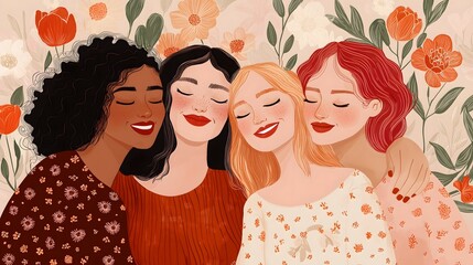 Four women of diverse ethnicities embrace, surrounded by flowers.