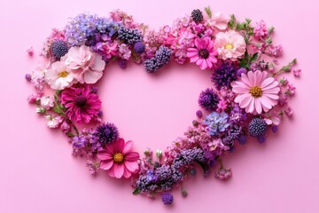 Obraz premium Heart Shaped Floral Arrangement with Pink and Purple Flowers on Soft Pastel Background Flat Lay for Spring Summer Celebration