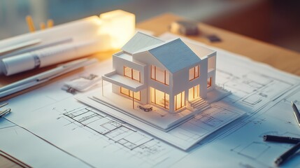 Architectural model of a modern house sitting atop blueprints, illuminated by warm light