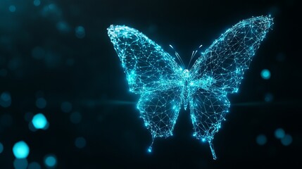 A dazzling blue butterfly made of glowing digital lines and particles, symbolizing transformation and technology.