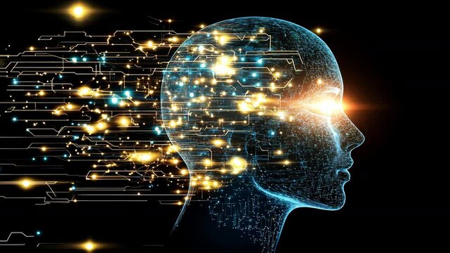 A digital human head with flowing light streams on dark backdrop, symbolizing AI evolution in technology