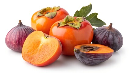 Autumnal Bounty: A mouthwatering composition of ripe persimmons and figs, showcasing their vibrant colors, textures, and the essence of seasonal abundance.