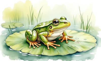 Green frog on lily pad