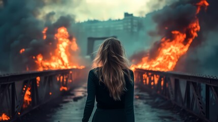 A Woman Walking Away from a Burning Bridge, Flames Raging Behind Her in a Dramatic Escape