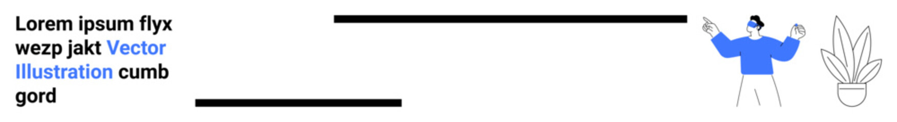 Person in blue celebrating with arms raised beside a potted plant and stylized text elements. Ideal for success, teamwork, celebration, creativity, positivity, business, flat landing page banner