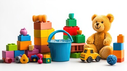 Playful assortment: Toy bricks, teddy bear, vehicle and bucket with water