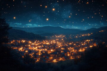 Fototapeta premium Starry Night Over Bethlehem Cityscape Nativity Scene Birth of Jesus Christ Under Christmas Sky