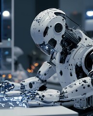 Fototapeta premium Humanoid Robot Assembled on Laboratory Table in Futuristic Research Setting