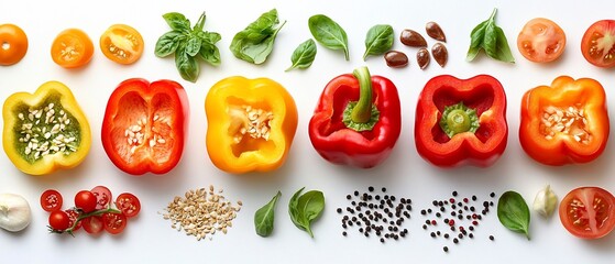 Peppers, basil, tomatoes and spices organized on a white background