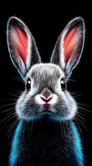   A close-up of a rabbit's face on a black background, with its eyes reflected in the foreground