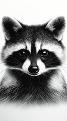   A raccoon's close-up face in black and white
