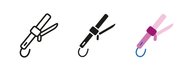 Curling iron icon. Hair styling vector illustration. Beauty and salon tool for professional haircare. Electric device for waves, curls and straightening. Fashion and hairstyling equipment pictogram.