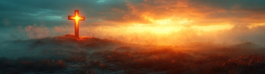 Fototapeta premium Glowing Cross on Hilltop at Sunrise and Sunset, Spiritual Peace and Hope in Christianity, Calvary Concept