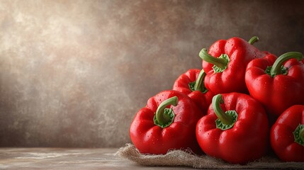 Pile of red bell peppers on burlap against warm, neutral background