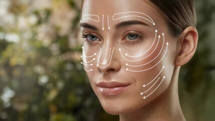 Woman's face with massage lines, beauty and skincare concept, for medical and beauty videos, for advertising, close up, animation