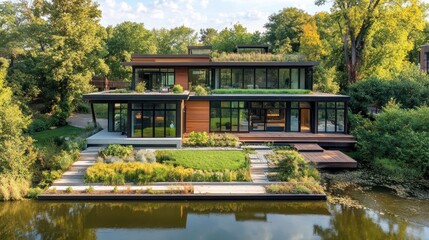 Fototapeta premium Modern house on a pond with lush landscaping, featuring a contemporary design with a rooftop garden and expansive windows overlooking the water.