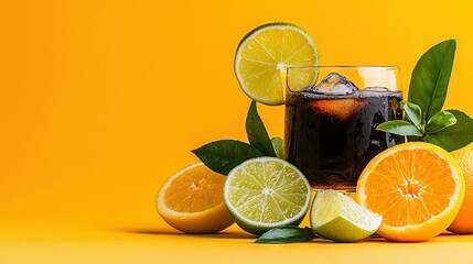   A yellow background features a glass of soda with slices of lemon, lime, and lime