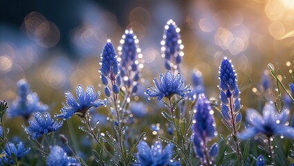 Obraz premium Close-up of blue and purple wildflowers covered in morning dew, golden sunlight highlighting intricate textures, soft blurred background, refreshing and delicate mood